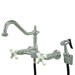 Heritage Double Handle Wall Mount Bridge Kitchen Faucet with Porcelain Cross Handles and Side Spray