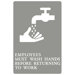 "Employees Must Wash Hands..." Tactile Symbol ADA Sign in Gray and White