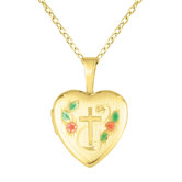 Cross and Flowers Heart Shaped Locket Necklace