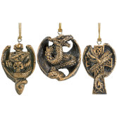 3-Piece Gothic Holiday Dragon Ornament Set in Faux Antique Gold