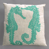 Seahorse Turquoise Pillow on Natural Linen