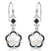 "Narcissus" Sterling Silver Earrings with Fresh Water Pearls and Black Sapphires