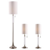 Portable One Floor Lamp and Two Table Lamp in Satin Nickel with White Shade