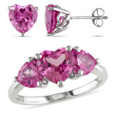 Sterling Silver Heart Sapphire Set of Stud Earrings and Ring