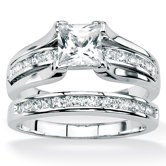 Platinum/Silver 2 Piece Round Cubic Zirconia Ring Set