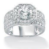 Platinum/Silver Round Cubic Zirconia Octagon-Shaped Ring