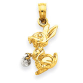 14k Two-Tone Solid 3-Dimensional Rabbit Bell Pendant- Measures 20x10mm