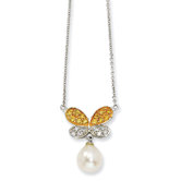Gold-plated Sterling Silver CZ 7mmFWCult Pearl Butterfly Necklace - 16 Inch