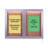 Bulletin Board,w/Concealed Light,Cork Surface,2-Door,4'x3'