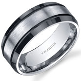 Beveled edge Black and Silver tone Mens 8mm Titanium Wedding Band Ring