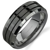 Beveled Edge Double Groove 8 mm Comfort Fit Mens Black Tungsten Wedding Band Ring