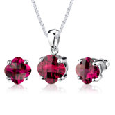 Classic Delight 10.00 Carats Checkerboard Lily Cut Ruby Pendant Earring Set in Sterling Silver