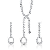 Dazzling Chic Sterling Silver Lariat Tennis Necklace Earrings Set with White Cubic Zirconia