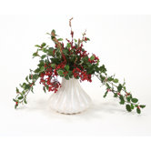 Silk Holly and Berry Arrangement in White Ceramic Fluted Vase