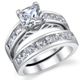 Sterling Silver Princess Cubic Zirconia 925 Wedding Band Engagement Ring Set