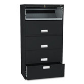600 Series Lateral File, 1 Drwr/4 Receding Door Roll-Out Shelves, 36w, BLK