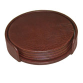 1000 Series Classic Leather Four Round Coasters with Holder in Mocha