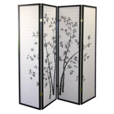 Four Panel Room Divider with Bamboo Design in Black