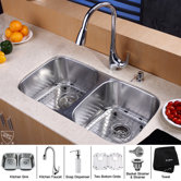32" Undermount 50/50 Double Bowl Kitchen Sink with 18.5" Faucet and Soap Dispenser