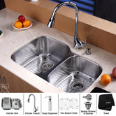 32" Undermount 60/40 Double Bowl Kitchen Sink with 18.5" Faucet and Soap Dispenser