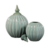 Small Ribbed Ceramic Vase with Lids in Tiffany Blue Glaze (Set of 2)