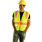 Hi-Viz Yellow OccuLux&reg; Polyester Surveryor Vest With 2 Tone Trim, 2 Surveryor Top Front Pockets, 2 Lower Front Pockets With Flap Covers, 2 Large Inside Pockets And Zipper Closure