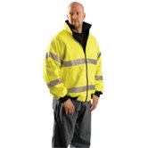 Yellow Polyurethane Coated Polyester And Black Polyester Fleece Class 3 Reversible Cold Weather Jacket With 3M Scotchlite Reflective Stripes, Roll-Away Hood, Front Zipper CLosure And 4 Pockets