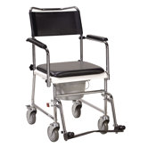 Folding, Portable, Upholstered Commode with Wheels and Drop Arm