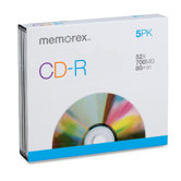 CD-R, w/ Slim Jewel Case, 52X, 700MB/80Min, 5 per Pack