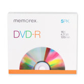 DVD-R, 16X, 4.7GB, Branded w/ Slim Jewel Case, 5 per Pack