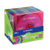 CD-RW Discs, 12X, 700B/80min, 20/PK Slim Case/Asst