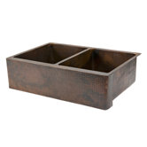 33" Copper Hammered 50/50 Double Bowl Farmhouse Kitchen Sink in Oil Rubbed Bronze