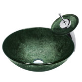 Emerald and Black Tempered Glass Vessel Sink with Matching Waterfall Faucet