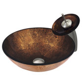 Gold and Copper Tempered Glass Vessel Sink with Matching Waterfall Faucet