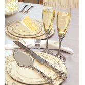 4 Piece Champagne Flutes and Cake Server Set in Satin