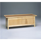 Enclosed Wooded Treatment Table with 2 Sliding Doors and Draw, Upholstered Top