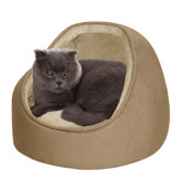 Faux Suede Hooded Snuggler Cat Bed with Cushion in Sand/Camel
