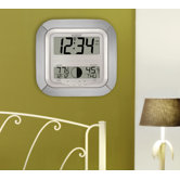 Atomic Digital Wall Clock with Moon Phase & Indoor/Outdoor Temperature in Silver