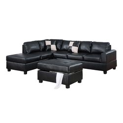 Bobkona Leather Sectional & Ottoman in Black