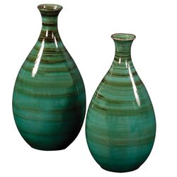 2 Piece Stripe Glazed Ceramic Vase Set in Teal