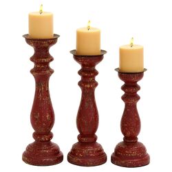 3 Piece Wooden Candle Holder Set in Red