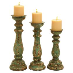 3 Piece Wooden Candle Holder Set in Green