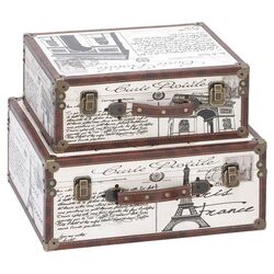 2 Piece Paris Decorative Suitcase Trunk Set in White & Brown