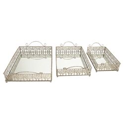 3 Piece Mirrored Rectangular Serving Tray Set in Silver