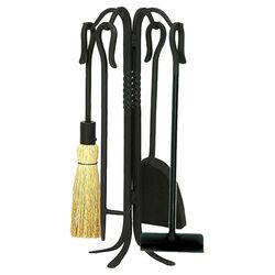 4 Piece Fireplace Tool Set & Stand in Wrought Iron
