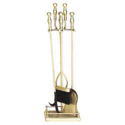 4 Piece Fireplace Tool Set & Stand in Antique Brass