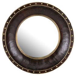 Round Faux Leather Wall Mirror in Brown