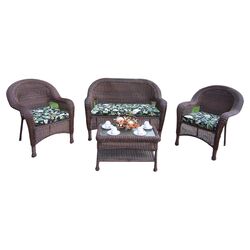 Resin Wicker 4 Piece Lounge Seating Group in Coffee with Green Cushions