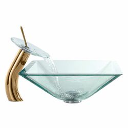Glass Combinations Aquamarine Sink & Waterfall Faucet in Gold