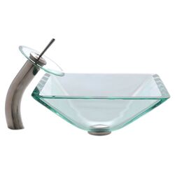 Glass Combinations Aquamarine Sink & Waterfall Faucet in Satin Nickel
